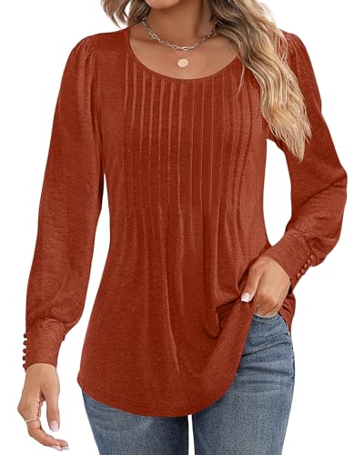 Ficerd Damen Puff Kurzarm Tunika Tops Plissee Rundhals Blusen Dressy Casual Lose Frühling und Sommer T-Shirts, Langärmeliger Kürbis, X-Large von Ficerd