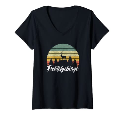 Damen Fichtelgebirge Retro Vintage Heimat Wandern Urlaub Hirsch T-Shirt mit V-Ausschnitt Damen Fichtelgebirge Retro Vintage Heimat Wandern Urlaub Hirsch T-Shirt mit V-Ausschnitt von Fichtelgebirge Geschenk Heimat Liebe Geschenke