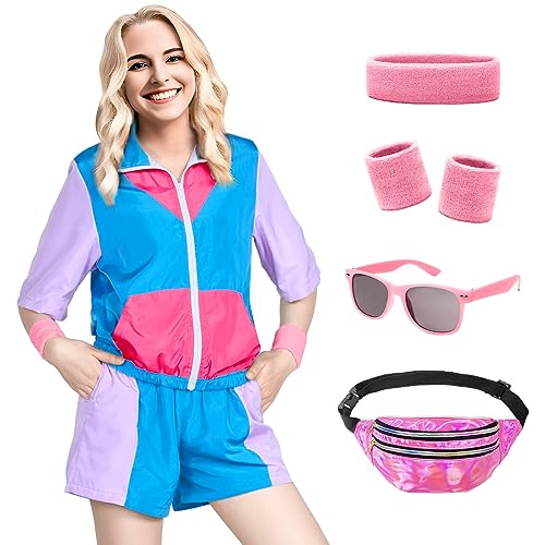 Ficlwigkis 90er 80er Jahre Outfit Damen,80er 90er Jacke Kurze Hosen Trainingsanzug Retro Anzug mit Bauchtasche Stirnband Armbänder Karneval Kostüm Damen (Blau, L) von Ficlwigkis