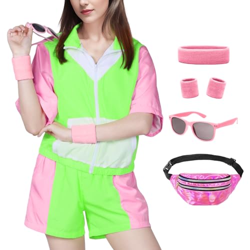 Ficlwigkis 90er 80er Jahre Outfit Damen,80er 90er Jacke Kurze Hosen Trainingsanzug Retro Anzug mit Bauchtasche Stirnband Armbänder Karneval Kostüm Damen (Grün, M) von Ficlwigkis