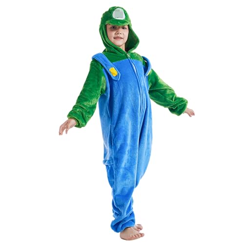 Ficlwigkis Mario Luigi Kostüm Onesie Jumpsuit Kostüm Pyjama Fasching Kostüm für Damen Herren Erwachsene Karneval Halloween Mario Kostüm (Grün/Kinder, 130) von Ficlwigkis