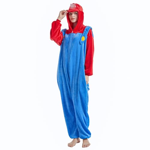 Ficlwigkis Mario Luigi Kostüm Onesie Jumpsuit Kostüm Pyjama Fasching Kostüm für Damen Herren Erwachsene Karneval Halloween Mario Kostüm (Rot/Erwachsene, M) von Ficlwigkis