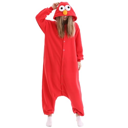 Ficlwigkis Onesie Jumpsuit Relaxo Kostüm Pyjama Nachtwäsche Krümelmonster Pyjama Fasching Kostüm für Damen Herren Erwachsene Karneval Halloween Kostüm (Rot, M) von Ficlwigkis