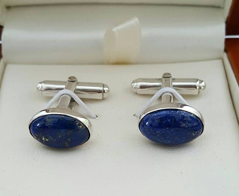 Handgemachte Herren Manschettenknöpfe Aus Sterlingsilber, T-Bar, Mit Lapis Lazuli Steinen von FieldsJewellery