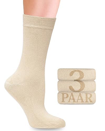 Damen Bambus-Socken mit Lycra: Komfortnaht, Business & Freizeit, 3 Paar in verschiedenen Farben und Größen (35-38, 39-42) Bequeme und elastische Socken ohne Gummibund und Naht (39-42, Hellbeige) von Fiera Besa