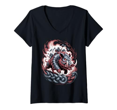 Damen Viking Tale - Nordic Fantasy Kampfschwein T-Shirt mit V-Ausschnitt Damen Viking Tale - Nordic Fantasy Kampfschwein T-Shirt mit V-Ausschnitt von Fierce Celtic Boar Viking Knotwork