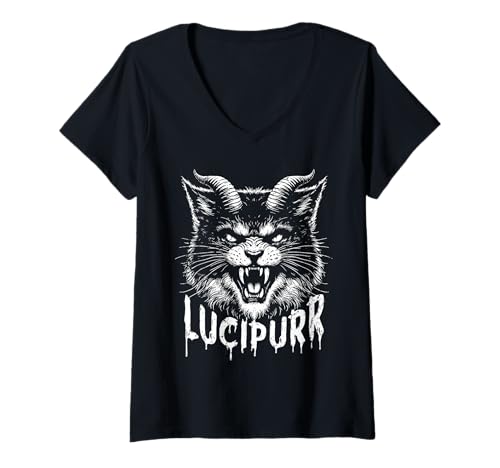 Damen Lucipurr-Katzendesign mit Dämonenmotiv T-Shirt mit V-Ausschnitt Damen Lucipurr-Katzendesign mit Dämonenmotiv T-Shirt mit V-Ausschnitt von Fierce Feline Designs