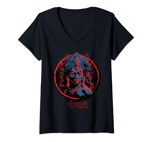 Damen Fierce Maa Kali als der Zerstörer Hindi Devanagari Text T-Shirt mit V-Ausschnitt Damen Fierce Maa Kali als der Zerstörer Hindi Devanagari Text T-Shirt mit V-Ausschnitt von Fierce Maa Kali as The Destroyer Hindi Devanagari