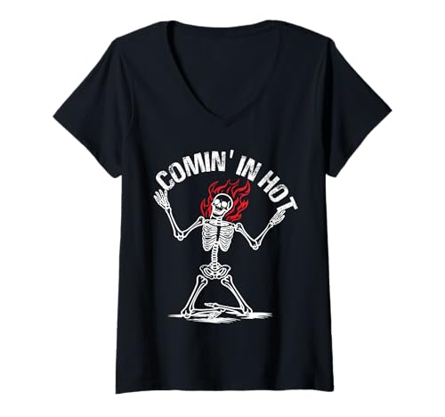 Damen Mit heißem Skelett-Design T-Shirt mit V-Ausschnitt Damen Mit heißem Skelett-Design T-Shirt mit V-Ausschnitt von Fiery Skeleton Designs
