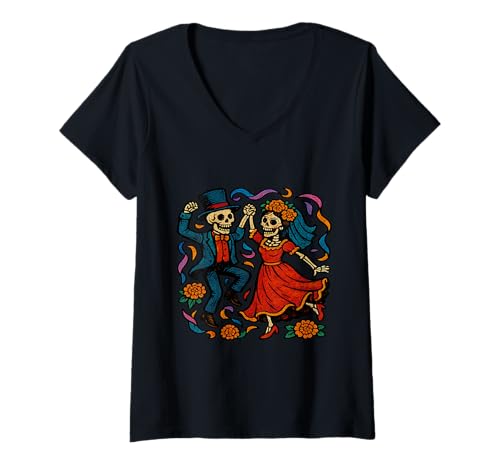 Damen Tanzendes Skelett Paar Tag der Toten Feier T-Shirt mit V-Ausschnitt Damen Tanzendes Skelett Paar Tag der Toten Feier T-Shirt mit V-Ausschnitt von Fiesta Afterlife Co