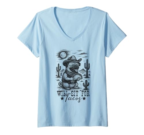 Damen Vintage Taco Mops mexikanische Lebensmittelfans T-Shirt mit V-Ausschnitt von Fiesta Dog Lover