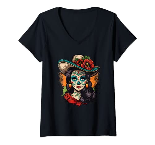 Damen La Catrina Dia de Los Muertos Latina T-Shirt mit V-Ausschnitt Damen La Catrina Dia de Los Muertos Latina T-Shirt mit V-Ausschnitt von Fiesta Forever Celebrate Cinco de Mayo Tees Co.