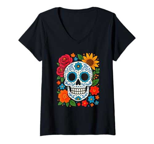 Damen Mexikanische Volkskunst Zuckerschädel mit Rosen und Sonnenblumen T-Shirt mit V-Ausschnitt Damen Mexikanische Volkskunst Zuckerschädel mit Rosen und Sonnenblumen T-Shirt mit V-Ausschnitt von Fiesta Skull Designs