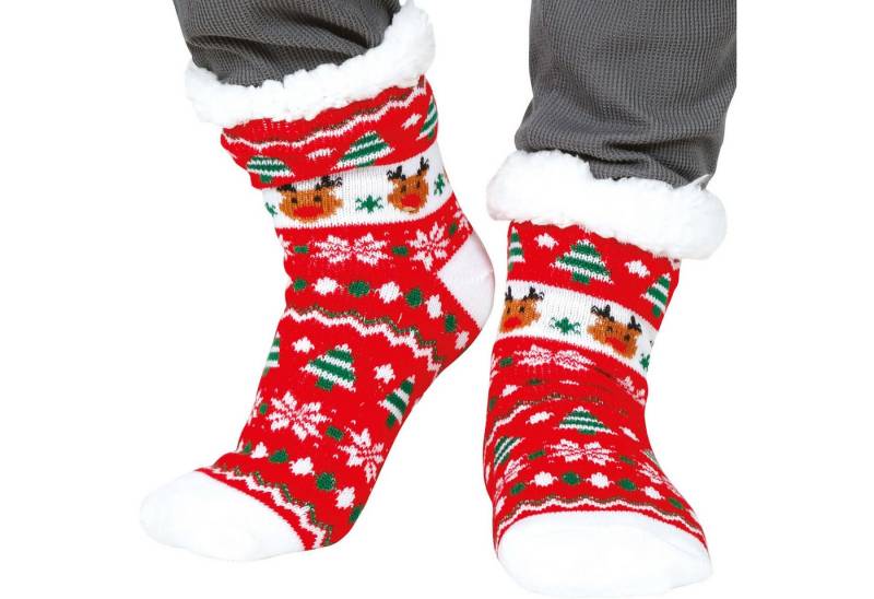 Fiestas Guirca Socken Kuschelsocken Rot Rentier Rudolf Thermo für Erwachsene von Fiestas Guirca