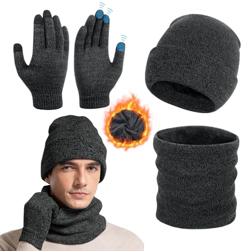 Figarge 3 Stück Mütze Herren Damen Wintermütze Schal Handschuh Sets Thermo Fleece gefüttert Schnee Strickmütze, 3 in 1 Winter Mützen Touchscreen Handschuhe Halswärmer Snood Set (Dunkelgrau) von Figarge