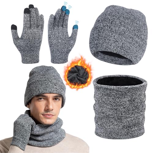 Figarge 3 Stück Mütze Herren Damen Wintermütze Schal Handschuh Sets Thermo Fleece gefüttert Schnee Strickmütze, 3 in 1 Winter Mützen Touchscreen Handschuhe Halswärmer Snood Set (Grau) von Figarge