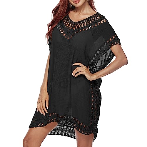Figarge Bikini Cover Up Strandkleid Damen Sommer Strandponcho V-Ausschnitt Beachwear Strandkleider Damen Cover Up Strandkleid (Schwarz) von Figarge