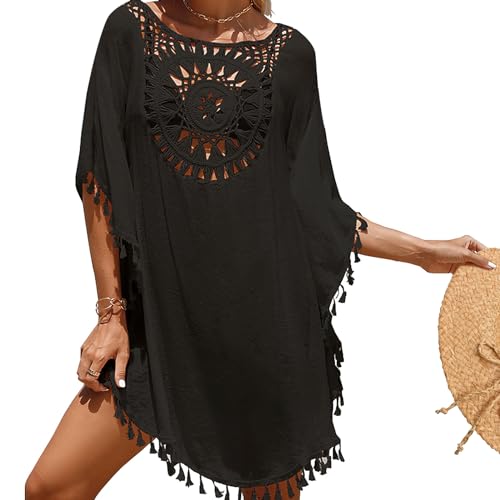 Figarge Damen Strandkleid Bikini Cover Up,Sommer Strandurlaub Badeanzug mit Quasten Cutout Crochet Strandtunika Boho Strandtunika, Transparent Bikini Beachwear Cover-Ups (Polyester, Schwarz) von Figarge