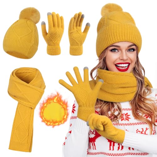Figarge Damen Winter Mütze Schal Touchscreen Handschuhe Set, Damen 3 in 1 Winter Beanie mit warmen gestrickten langen Schal, dicke gestrickte Pom-Mütze und Touchscreen für Outdoor (Gelb) von Figarge