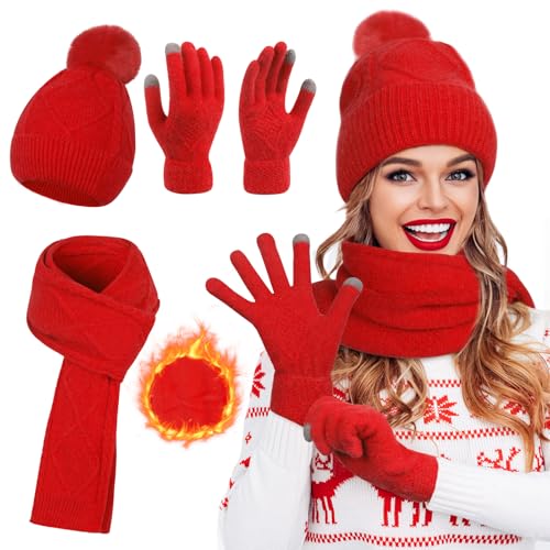 Figarge Damen Winter Mütze Schal Touchscreen Handschuhe Set, Damen 3 in 1 Winter Beanie mit warmen gestrickten langen Schal, dicke gestrickte Pom-Mütze und Touchscreen für Outdoor (Rot) von Figarge