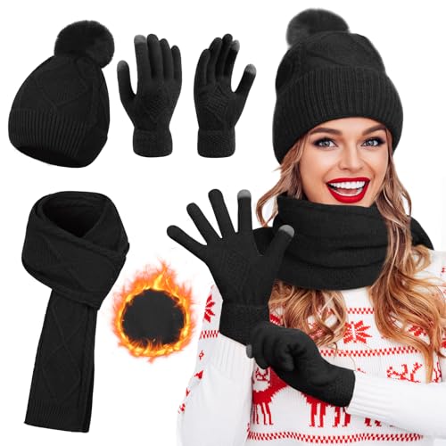 Figarge Damen Winter Mütze Schal Touchscreen Handschuhe Set, Damen 3 in 1 Winter Beanie mit warmen gestrickten langen Schal, dicke gestrickte Pom-Mütze und Touchscreen für Outdoor (Schwarz) von Figarge