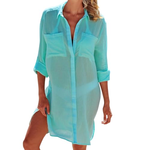 Figarge Strandkleid Damen Bikini Cover Up Sommer Pareos Sommerkleid Damen Strand Vertuschen Shirt Button-Down Strandponcho Longbluse (DE/NL/SE/PL, Alphanumerisch, L, Regular, Regular, Hellgrün) von Figarge