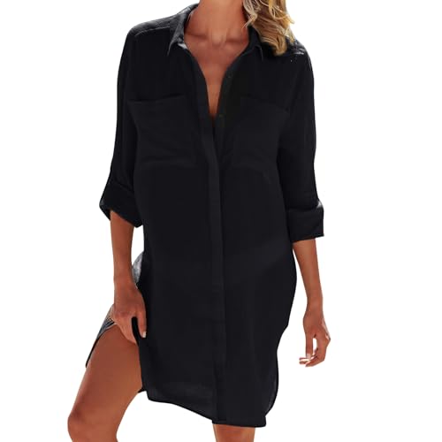 Figarge Strandkleid Damen Bikini Cover Up Sommer Pareos Sommerkleid Damen Strand Vertuschen Shirt Button-Down Strandponcho Longbluse (DE/NL/SE/PL, Alphanumerisch, L, Regular, Regular, Schwarz) von Figarge