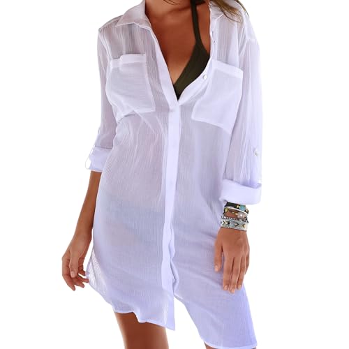 Figarge Strandkleid Damen Bikini Cover Up Sommer Pareos Sommerkleid Damen Strand Vertuschen Shirt Button-Down Strandponcho Longbluse (DE/NL/SE/PL, Alphanumerisch, L, Regular, Regular, Weiß) von Figarge
