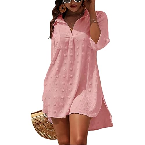 Figarge Strandkleid Damen Bikini Cover Up V-Ausschnitt Baumwolle Strandtunika Sommer Pareos Button Down Strandponcho Badeanzug Strand (DE/NL/SE/PL, Alphanumerisch, L, Regular, Regular, Rosa) von Figarge