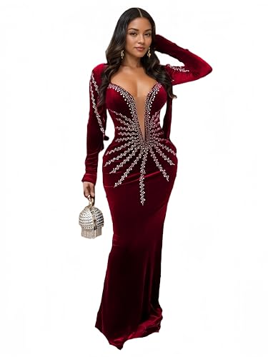 Figdaw Formelle Kleider und Abendkleider mit Strassverzierung für Damen 2025, Burgunderrot - c6827, Groß von Figdaw
