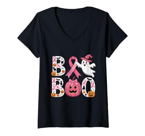 Damen Boo Halloween Kürbis Rosa Schleife Hexenkrebs Bewusstsein T-Shirt mit V-Ausschnitt von Fight Cancer