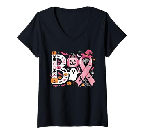 Damen Boo Halloween Kürbis Rosa Schleife Hexenkrebs Bewusstsein T-Shirt mit V-Ausschnitt von Fight Cancer