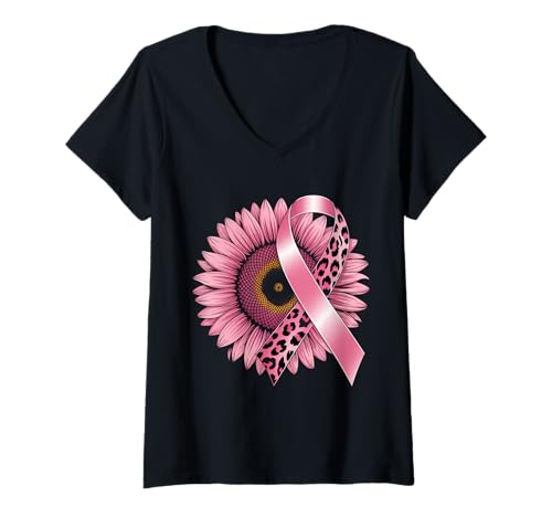 Damen Brustkrebs-Bewusstsein für Sonnenblumen-Rosa T-Shirt mit V-Ausschnitt von Fight Cancer