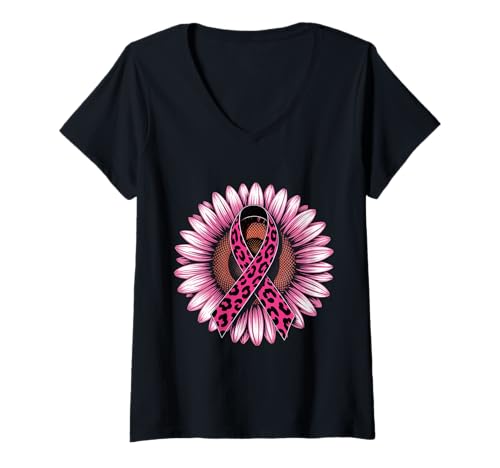 Damen Brustkrebs-Bewusstsein für Sonnenblumen-Rosa T-Shirt mit V-Ausschnitt von Fight Cancer