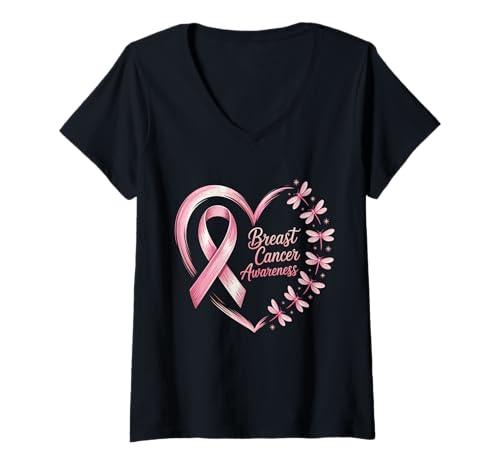 Damen Brustkrebs-Bewusstseinsband in Herzform T-Shirt mit V-Ausschnitt von Fight Cancer