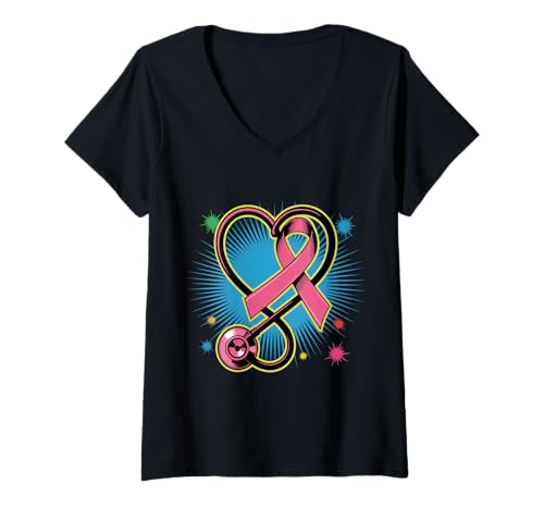 Damen Rosa Stethoskop Krankenschwester Medizinisches Brustkrebs-Bewusstsein Frauen T-Shirt mit V-Ausschnitt von Fight Cancer