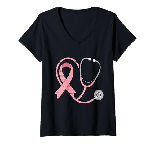 Damen Rosa Stethoskop Krankenschwester Medizinisches Brustkrebs-Bewusstsein Frauen T-Shirt mit V-Ausschnitt von Fight Cancer