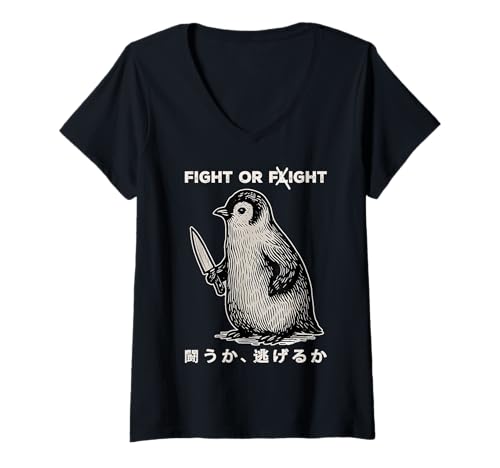 Damen Lustiger Pinguin Kampf oder Flug Meme Pinguin mit Messer T-Shirt mit V-Ausschnitt Damen Lustiger Pinguin Kampf oder Flug Meme Pinguin mit Messer T-Shirt mit V-Ausschnitt von Fight Or Fight Penguin Meme Tees Co.