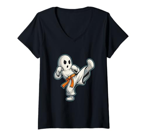 Damen Halloween-Geisterkarate T-Shirt mit V-Ausschnitt Damen Halloween-Geisterkarate T-Shirt mit V-Ausschnitt von Fighting Sports Halloween Apparel Co