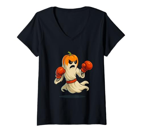 Damen Halloween Ghost Boxer Boxen T-Shirt mit V-Ausschnitt Damen Halloween Ghost Boxer Boxen T-Shirt mit V-Ausschnitt von Fighting Sports Halloween Apparel Co