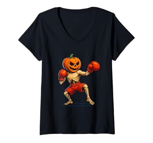 Damen Halloween Skelett Boxer Boxen T-Shirt mit V-Ausschnitt Damen Halloween Skelett Boxer Boxen T-Shirt mit V-Ausschnitt von Fighting Sports Halloween Apparel Co