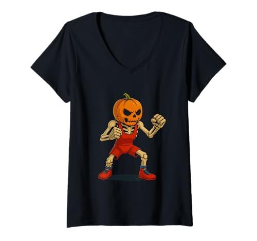 Damen Halloween Skelett Wrestling T-Shirt mit V-Ausschnitt Damen Halloween Skelett Wrestling T-Shirt mit V-Ausschnitt von Fighting Sports Halloween Apparel Co