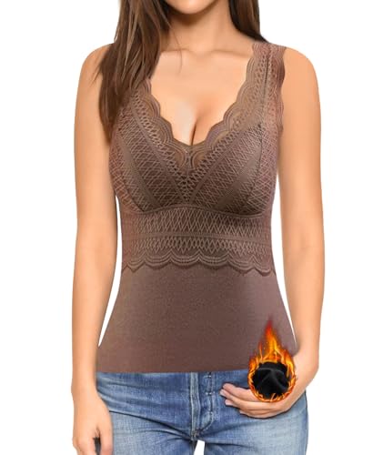 Figninget Thermo Unterhemden Damen Warm Tank Top Mit Spitze V-Ausschnitt Unterziehshirt Thermounterwäsche Ärmellos Oberteil von Figninget