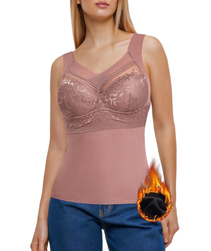 Figninget Thermo Unterhemden Damen Warm Winter Tank Top Unterhemd V-Ausschnitt mit Spitze Ärmellos Oberteil Unterziehshirt Thermounterwäsche von Figninget