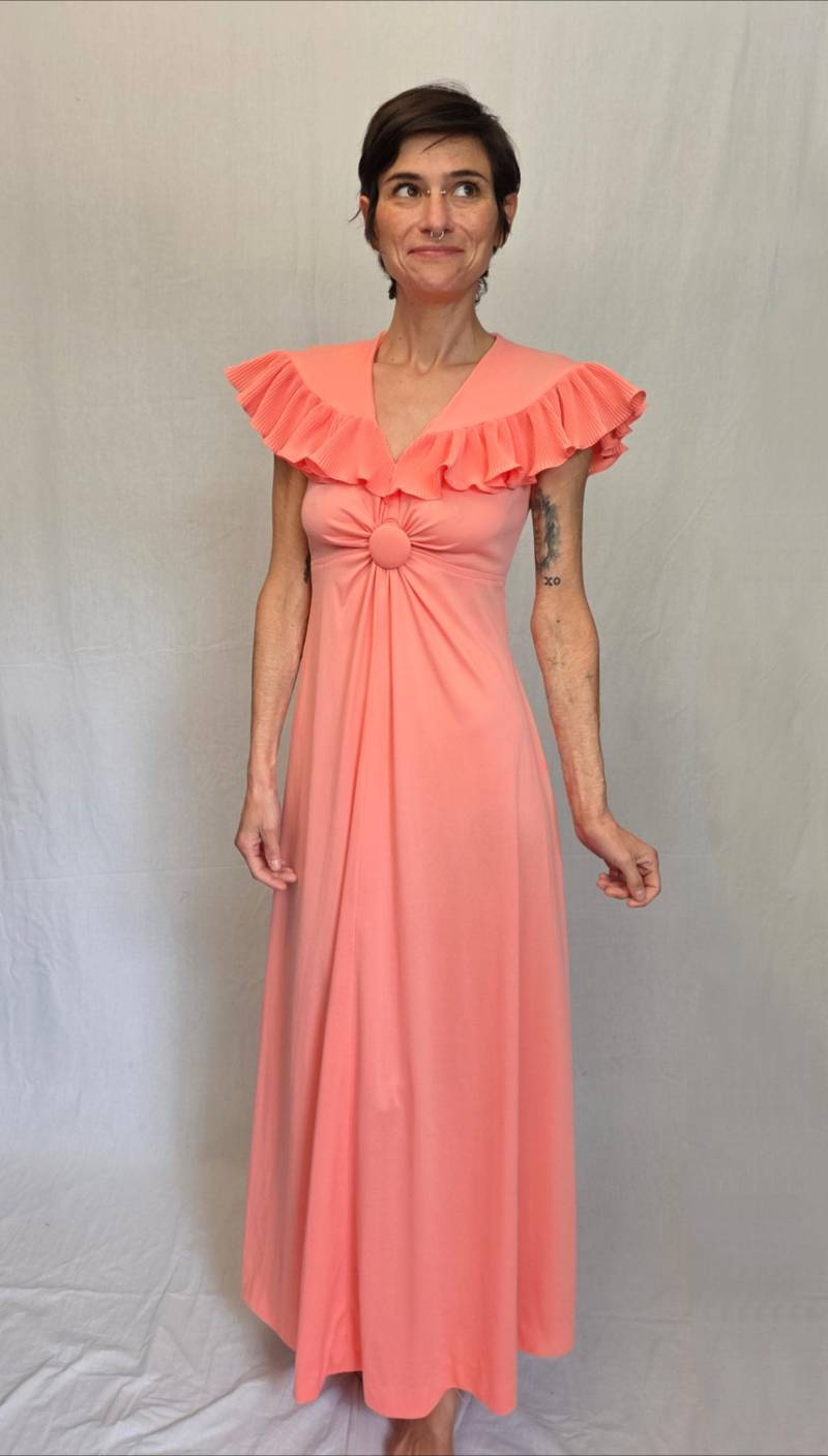 1970Er Pink Rüschen Maxi Kleid - Vintage Parfait Abendkleid Retro Disko Festlich von Figure8Vintage