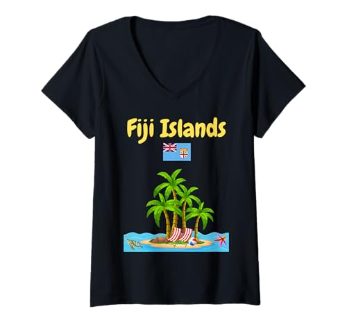 Damen Fidschi-Urlaubssouvenir Palme Strand Schildkröte Fidschi-Flagge T-Shirt mit V-Ausschnitt Damen Fidschi-Urlaubssouvenir Palme Strand Schildkröte Fidschi-Flagge T-Shirt mit V-Ausschnitt von Fiji tropical islands vacation holiday souvenir