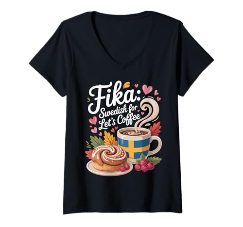 Damen Fika Swedish for Let's Coffee T-Shirt mit V-Ausschnitt von Fika Coffee Swedish Scandinavian