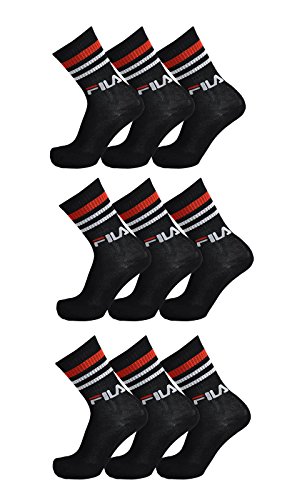 FILA 9 Paar Socken, Street Sport Socks im 9er Set, Einfarbig mit Streifen, Unisex 35-38,39-42,43-46 (39-42 (6-8 UK), Schwarz (200)) von FILA