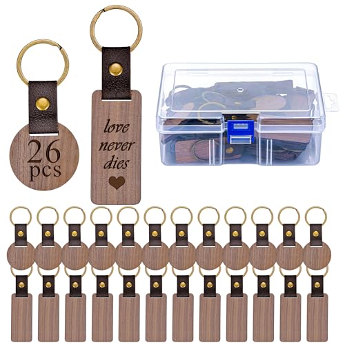 Filhome 26 Stück Personalisierte Holzschlüsselanhänger mit Schlüsselring für Lasergravur DIY Bemalen, Klassisch, Unisex, Braun von Filhome