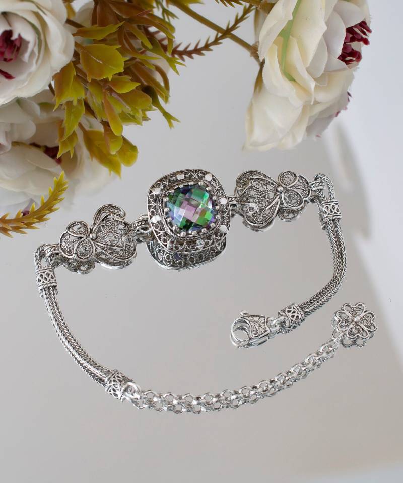 Regenbogen Quarz 925 Sterling Silber Boho Armband Handwerker Handgefertigt Filigrane Einstellbar Echte Edelsteine Frauen Schmuck Geschenk Boxed von FiligranSilver